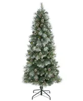 Frosted Tip British Columbia Mountain Pine Artificial Christmas Tree with Lights, Pine Cones Bendable Branches