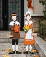 Glitzhome Metal Thanksgiving Pilgrim Yard Stake, Standing Decor or Hanging Decor Set, 2 Piece