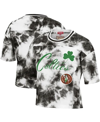 Women's Mitchell & Ness Black and White Boston Celtics Hardwood Classics Tie-Dye Cropped T-shirt