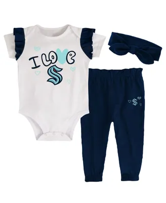 Girls Infant White, Deep Sea Blue Seattle Kraken I Love Hockey Bodysuit, Pants and Headband Set