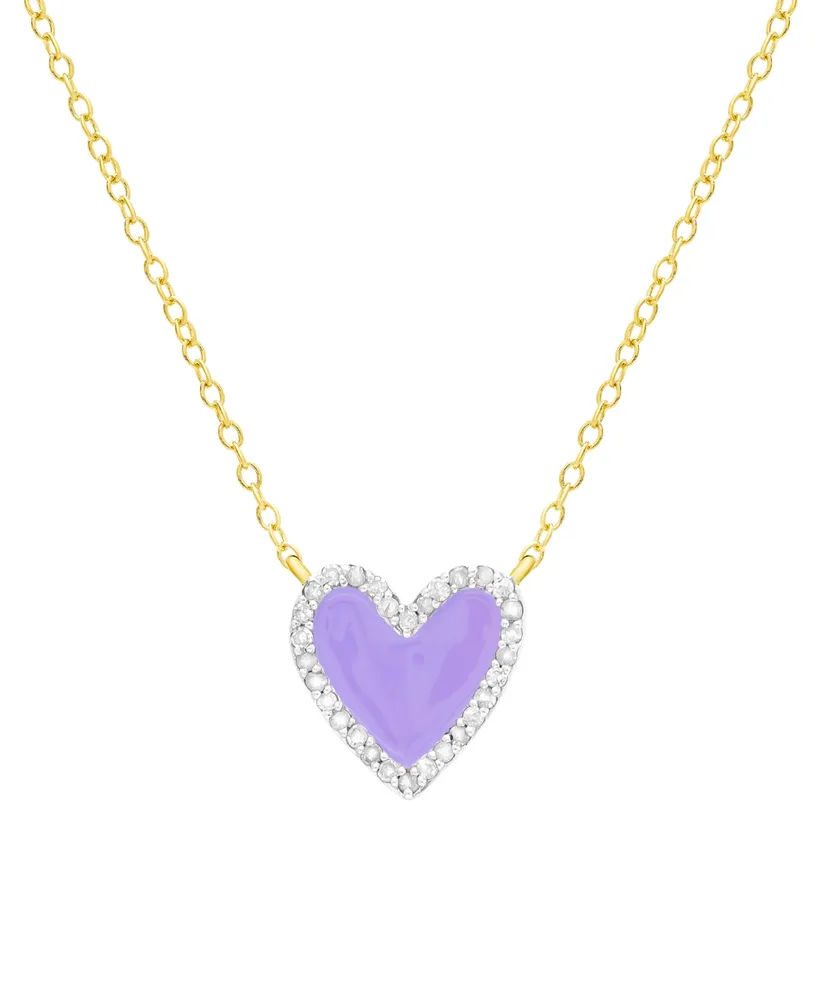 Diamond Purple Enamel Heart "Loved" 18" Pendant Necklace (1/8 ct. t.w.) in 14k Gold-Plated Sterling Silver - Gold