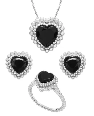 Onyx Beaded Heart Earrings, Pendant and Ring Set