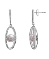 Cultured Freshwater Pearl (7mm) & Diamond (1/10 ct. tw.) Oval Earrings in Sterling Silver