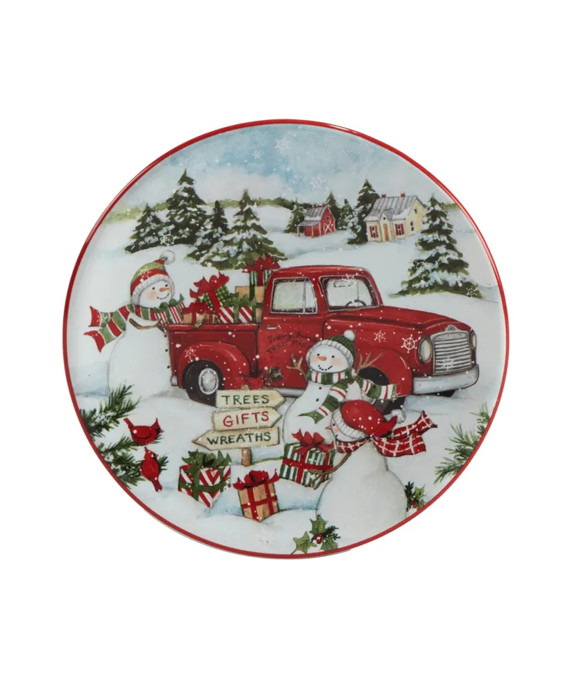 Certified International Red Truck Snowman 4 Piece Canape Plate Set