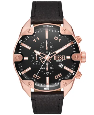 Diesel Men's Spiked Black Leather Strap Watch, 49mm