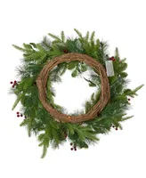 Glitzhome 24" Ornament Berry Holly Pine Wreath with Lights