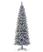 Glitzhome 9' Pre-Lit Flocked Pencil Pine Artificial Christmas Tree with 450 Led Lights