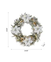 Glitzhome 24" Pre-Lit Snow Flocked Greenery Pine Poinsettia Christmas Wreath with 50 Warm White Lights