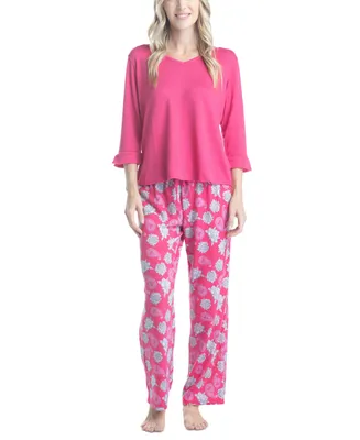 Muk Luks Women's 3/4 Sleeve Top & Boot-Cut Pajama Pants Set