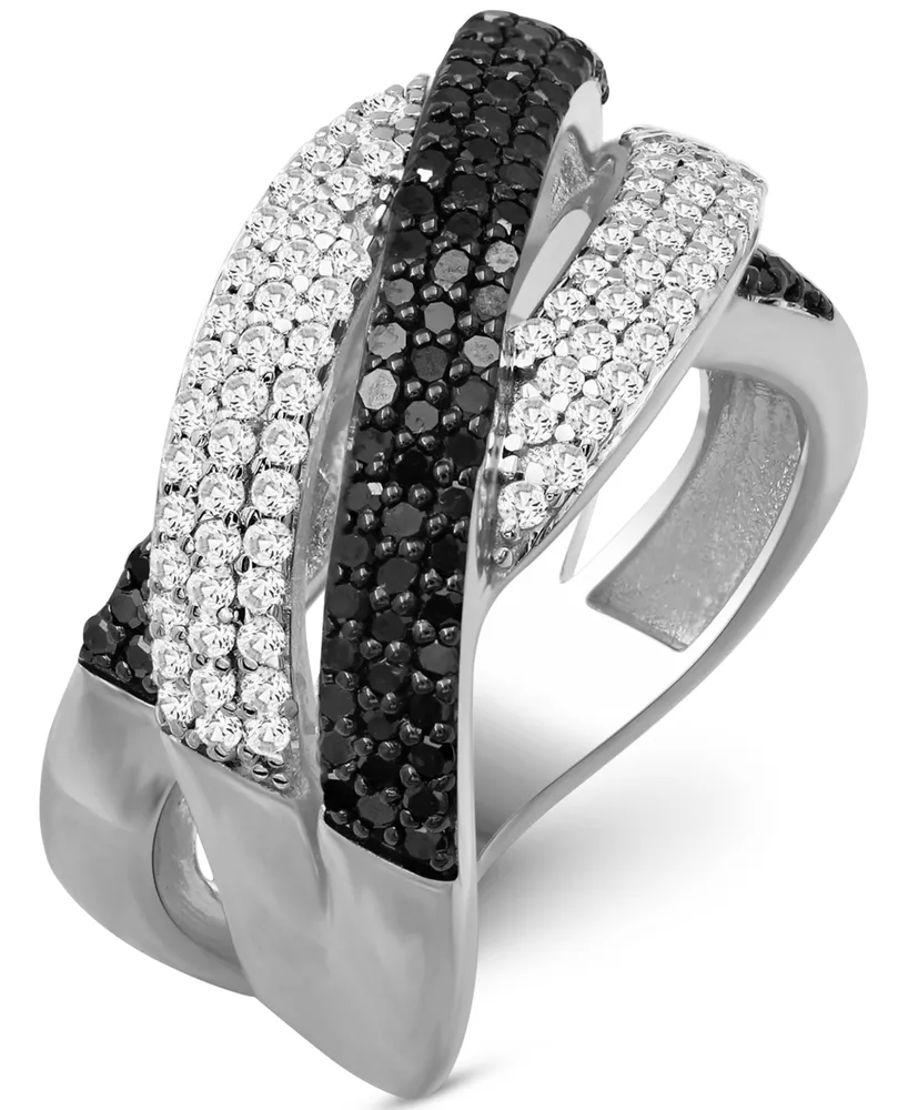 Black Diamond (1/2 ct. t.w.) & White Diamond (1/2 ct. t.w.) Crossover Statement Ring in Sterling Silver