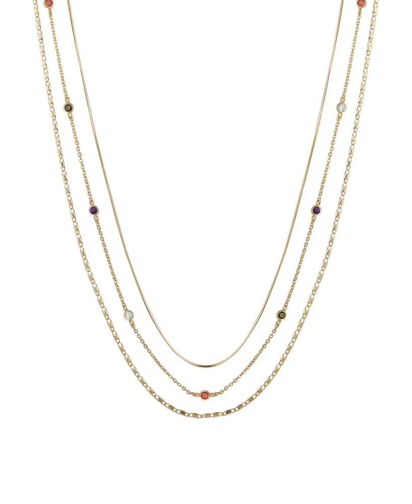 14K Gold Flash Plated Multi Color Cubic Zirconia 3-Piece Layered Chain Necklace Set with Extender - Gold