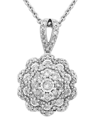 Diamond Flower Cluster Pendant Necklace (1/2 ct. t.w.) in 10k White Gold, 16" + 2" extender