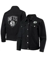 Women's The Wild Collective Black Brooklyn Nets Patch Denim Button-Up Jacket