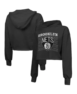 Women's Majestic Threads Black Brooklyn Nets Repeat Cropped Tri-Blend Pullover Hoodie