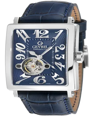 Gevril Men's Avenue of Americas Intravedere Swiss Automatic Italian Blue Leather Strap Watch 44mm - Silver