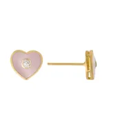 Clear Cubic Zirconia and Pink Enameled Heart Stud Earrings