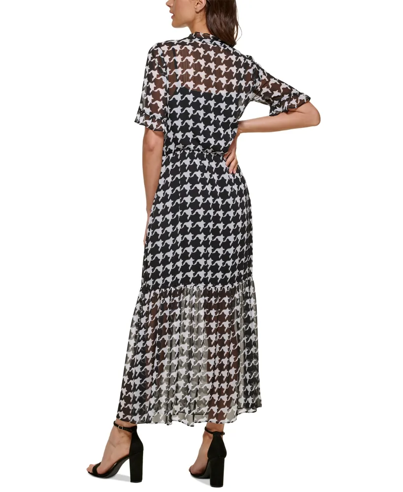 kensie Women's Houndstooth-Print Chiffon Dress