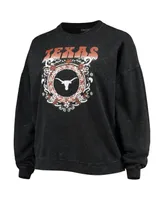 Women's ZooZatz Black Texas Longhorns Garment Wash Oversized Vintage-Like Pullover Sweatshirt