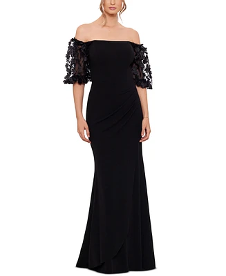 Xscape Off-The-Shoulder Floral-Sleeve Gown
