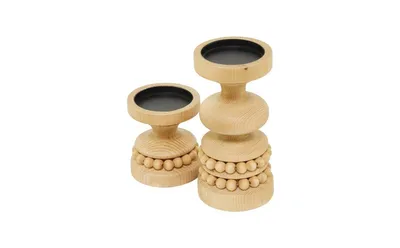Wood Traditional 2 Piece Beaded Candle Holder Set