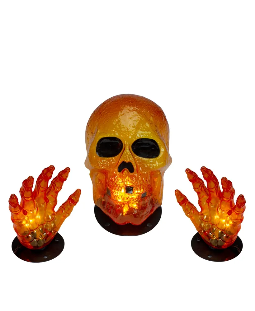 8.5" Lighted Orange Skull and Hands Outdoor Halloween Decoration - 4ft Black Wire