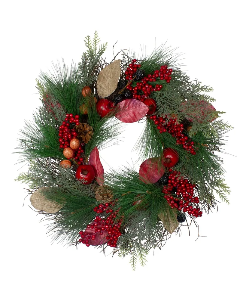 Autumn Harvest Pine Berry and Pomegranate Wreath Unlit, 24"