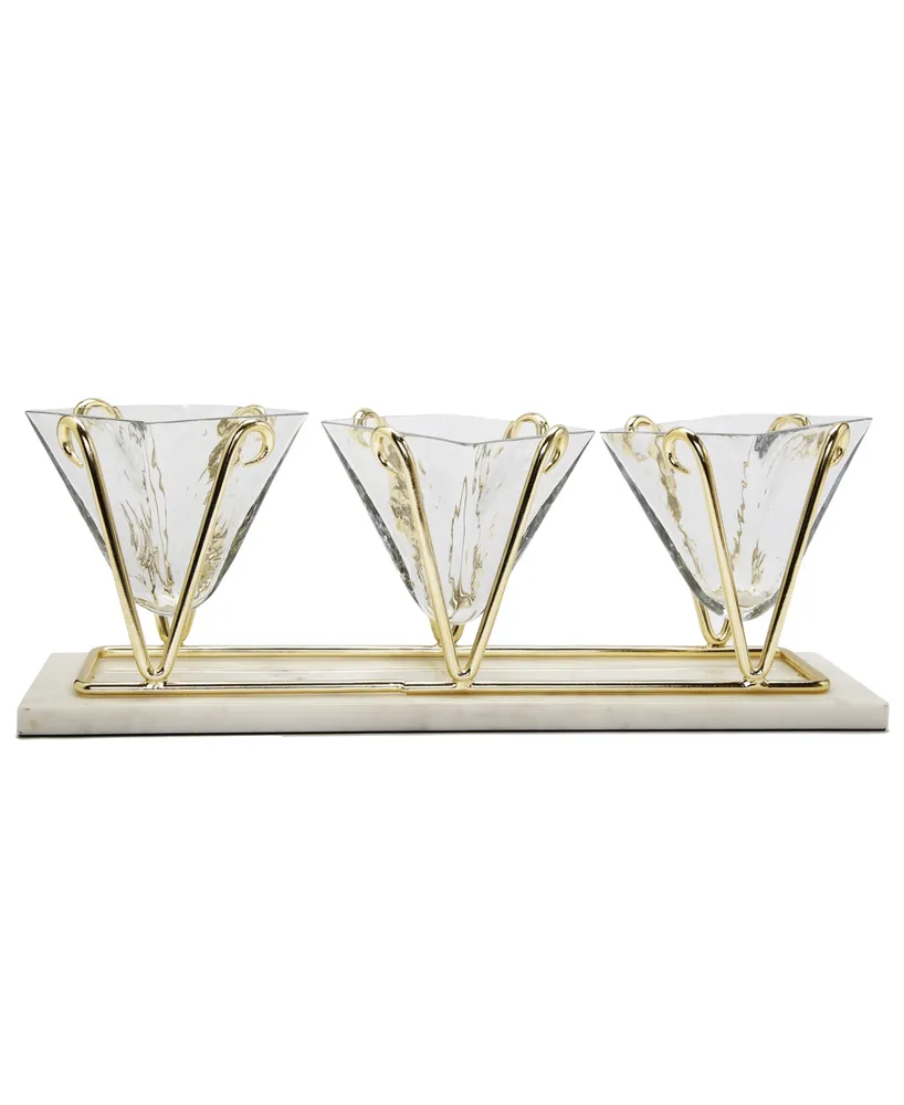 Classic Touch 3 Sectional Glass Relish Dish with Brass and Marble Base - Gold