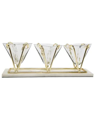 Classic Touch 3 Sectional Glass Relish Dish with Brass and Marble Base - Gold