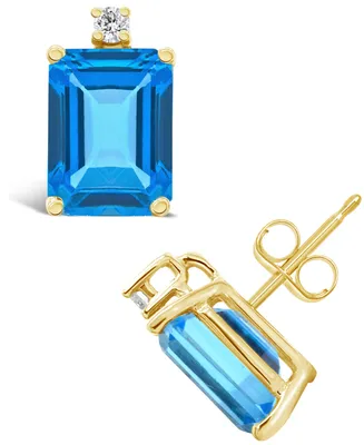 Blue Topaz (4 ct.t.w) and Diamond Accent Stud Earrings in 14K Yellow Gold