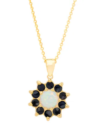 Lab-grown Opal (1/5 ct. t.w.) & Sapphire (1/2 ct. t.w.) Halo 18" Pendant Necklace in 14k Gold-Plated Sterling Silver