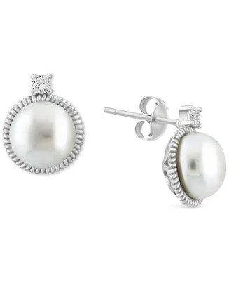 Effy Cultured Freshwater Pearl (9 mm) & White Topaz (1/20 ct. t.w.) Stud Earrings in Sterling Silver
