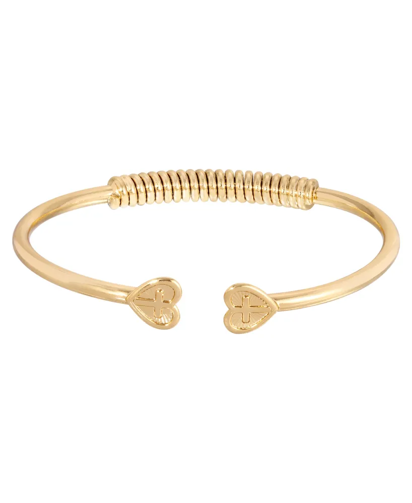 2028 14K Gold-tone Heart Cross Coil Spring C-Cuff Bracelet