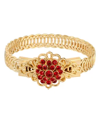 2028 14K Gold-tone Siam Red Flower Overlay Belt Bracelet