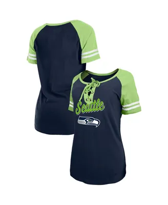 Women's New Era College Navy, Neon Green Seattle Seahawks Logo Lace-Up Raglan T-shirt