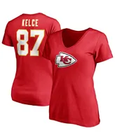 Women's Fanatics Travis Kelce Red Kansas City Chiefs Player Icon Name and Number V-Neck T-shirt