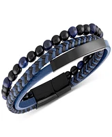 Men's Onyx & Lava Bead Triple Row Braided Leather Bracelet in Black Ion-Plated Stainless Steel (Also in Onyx/Sodalite)