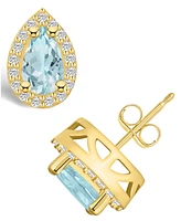 Macy's Aquamarine (-/ ct. t.w.) and Diamond (/ ct. t.w.) Halo Stud Earrings in 14K Yellow Gold