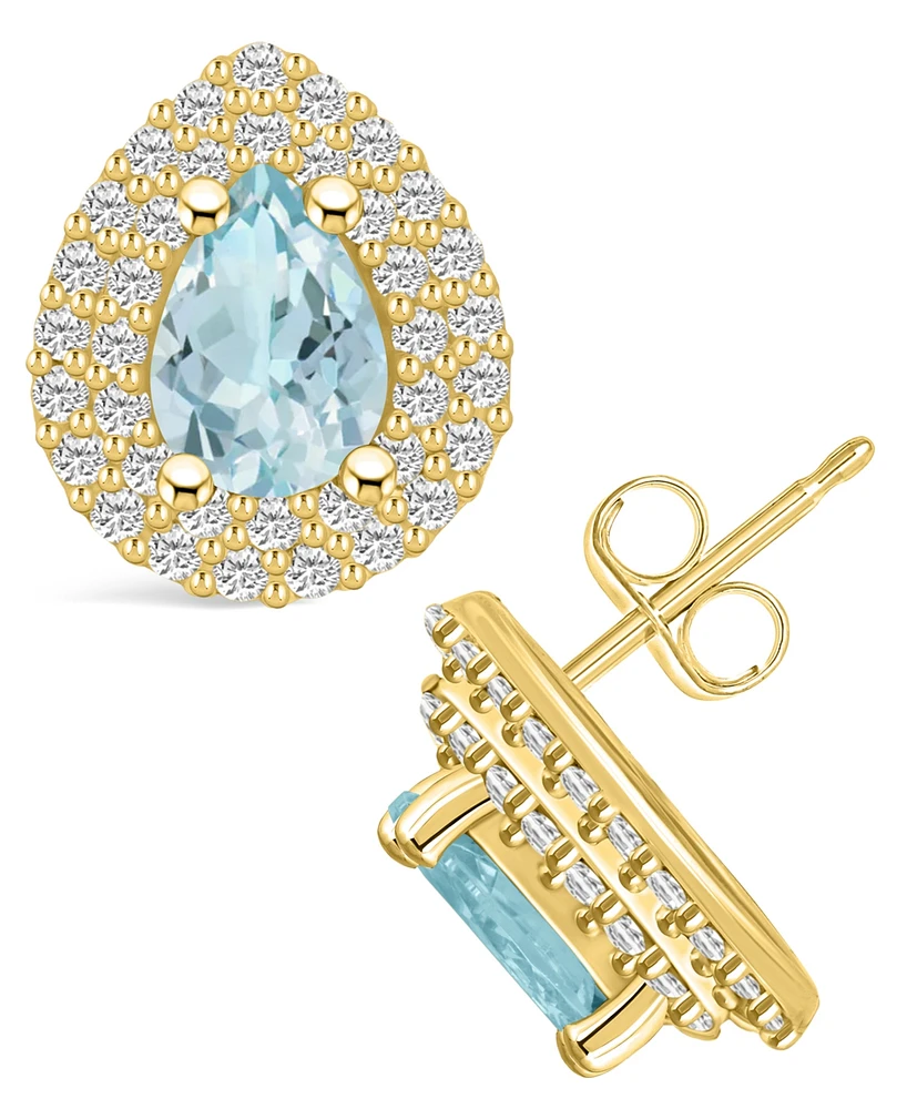 Macy's Aquamarine (1-1/5 ct. t.w.) and Diamond (5/8 ct. t.w.) Halo Stud Earrings in 14K Yellow Gold