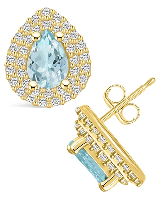 Macy's Aquamarine (1-1/5 ct. t.w.) and Diamond (5/8 ct. t.w.) Halo Stud Earrings in 14K Yellow Gold
