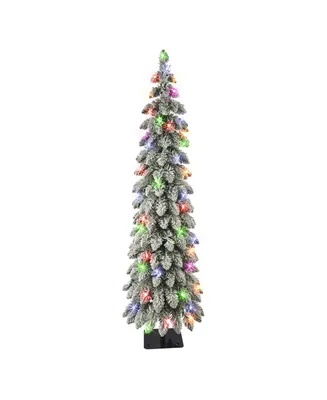 4' Pre-Lit Flocked Alpine Pencil Tree with Multi-Color Incandescent Lights