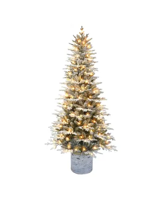 7.5' Pre-Lit Potted Flocked Arctic Fir Tree with 250 Warm White Led Lights and Birch Wood Look Base, 1973 Tips