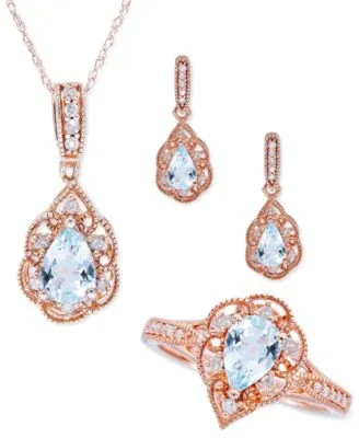 3 Pc. Set Aquamarine 1 5 8 Ct. T.W. Diamond 3 10 Ct. T.W. Ring Pendant Necklace Stud Earrings In 14k Rose Gold