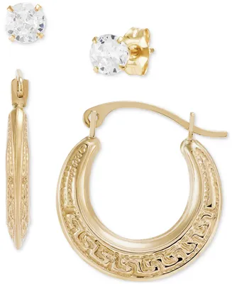 2-Pc. Set Cubic Zirconia Stud & Textured Greek Key Hoop Earrings in 10k Gold