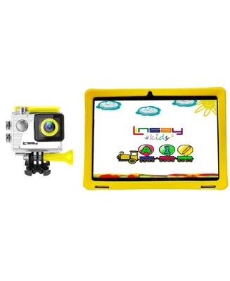 Linsay New 10.1" Tablet Octa Core 128GB Bundle with Yellow Kids Defender Case and Kids Action Camera Newest Android 13