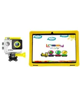 Linsay New 10.1" Tablet Octa Core 128GB Bundle with Yellow Kids Defender Case and Kids Action Camera Newest Android 13