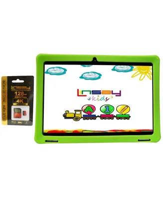 Linsay New 10.1" Funny Kids Tablet Octa Core 128GB with Green Kids Defender Case and Micro Sd Card 128GB Newest Android 13
