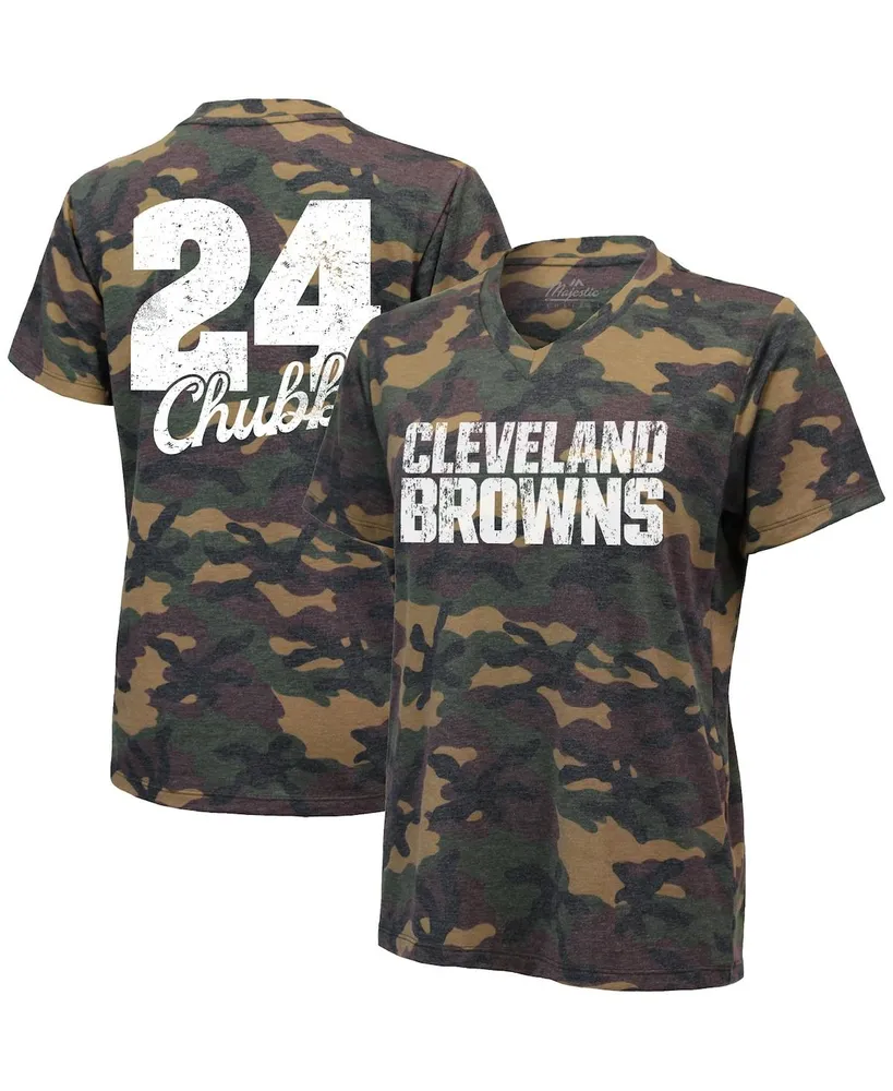 Women's Nick Chubb Camo Cleveland Browns Name and Number V-Neck T-shirt