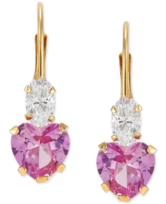 Lab-Grown Pink Sapphire (2 ct. t.w.) & Cubic Zirconia Heart Drop Earrings 14k Gold