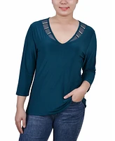 Ny Collection Petite 3/4 Sleeve Top with Illusion Neckline and Stones