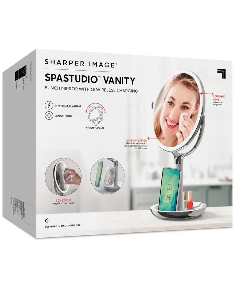 Sharper Image SpaStudio Vanity 8-inch Mirror with Built-In Qi Wireless Phone Charger, 5X and 10X Magnification - Silver